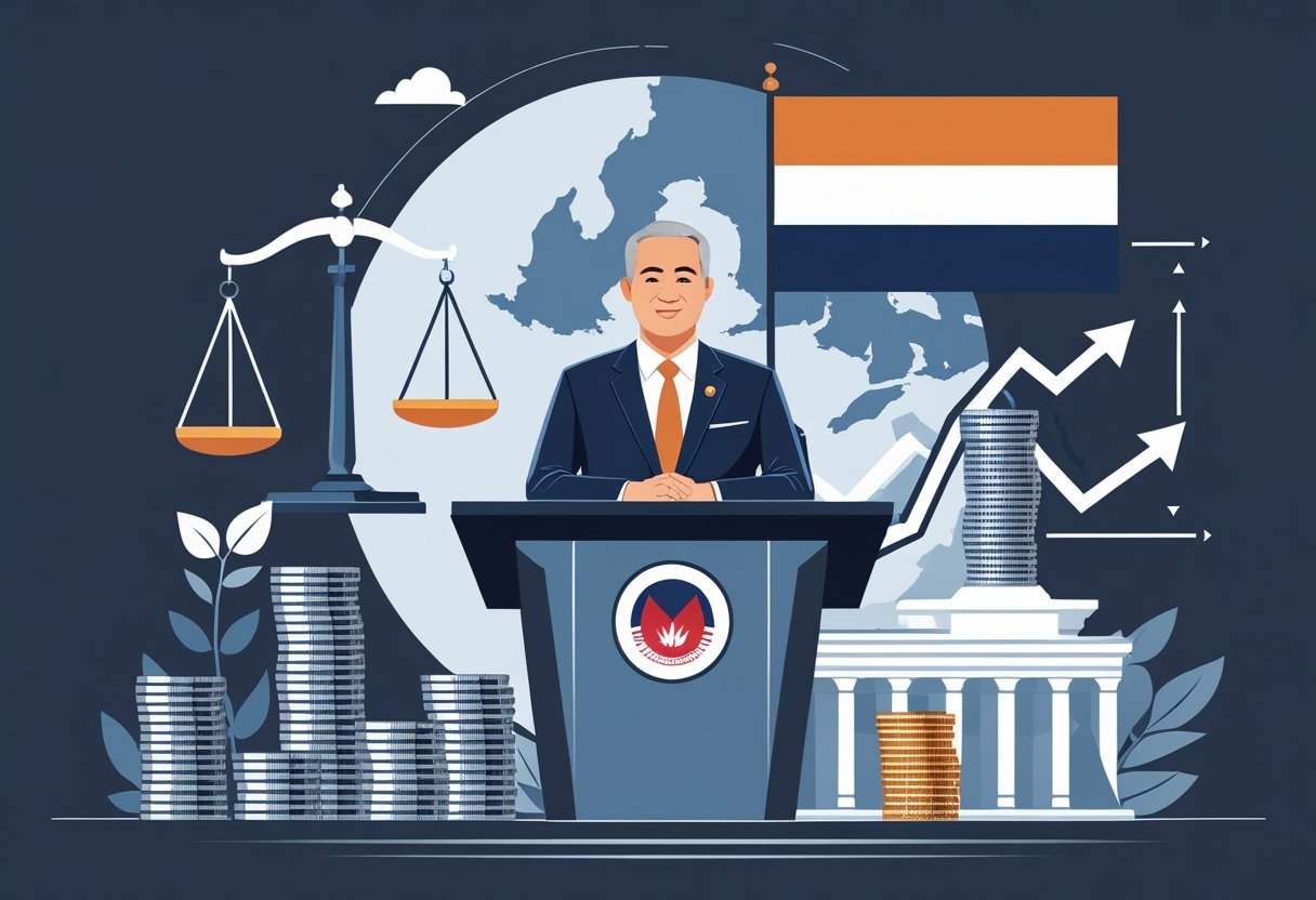 Seorang pemimpin politik berdiri di depan podium dengan latar belakang bendera Indonesia dan simbol-simbol yang mewakili kebijakan fiskal seperti timbangan, tumpukan koin, grafik naik, dan gedung pemerintahan.