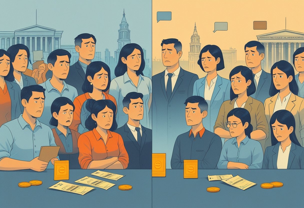 Ilustrasi yang menunjukkan dampak kenaikan PPN terhadap keadilan sosial dan kelas sosial, dengan orang-orang kelas bawah tampak terbebani dan khawatir di satu sisi dan kelas atas terlihat acuh tak acuh di sisi lain.